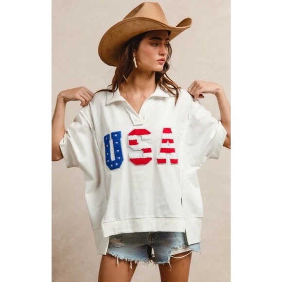 BiBi Women’s L Oversized USA French Terry Exposed Seam Slit Hem Top Patriotic - Picture 1 of 9